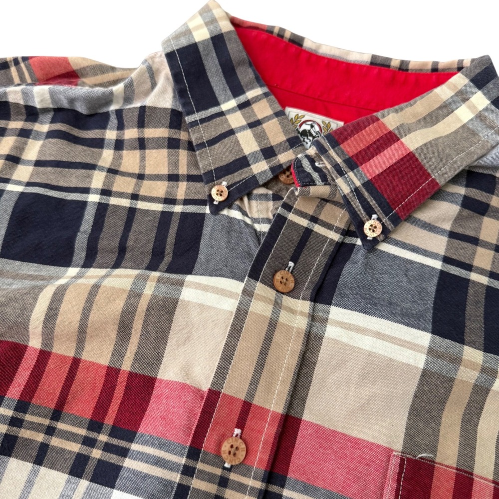 Cinch Mens Large Red Navy Tan Plaid Short Sleeve Button Down Cotton Shirt L